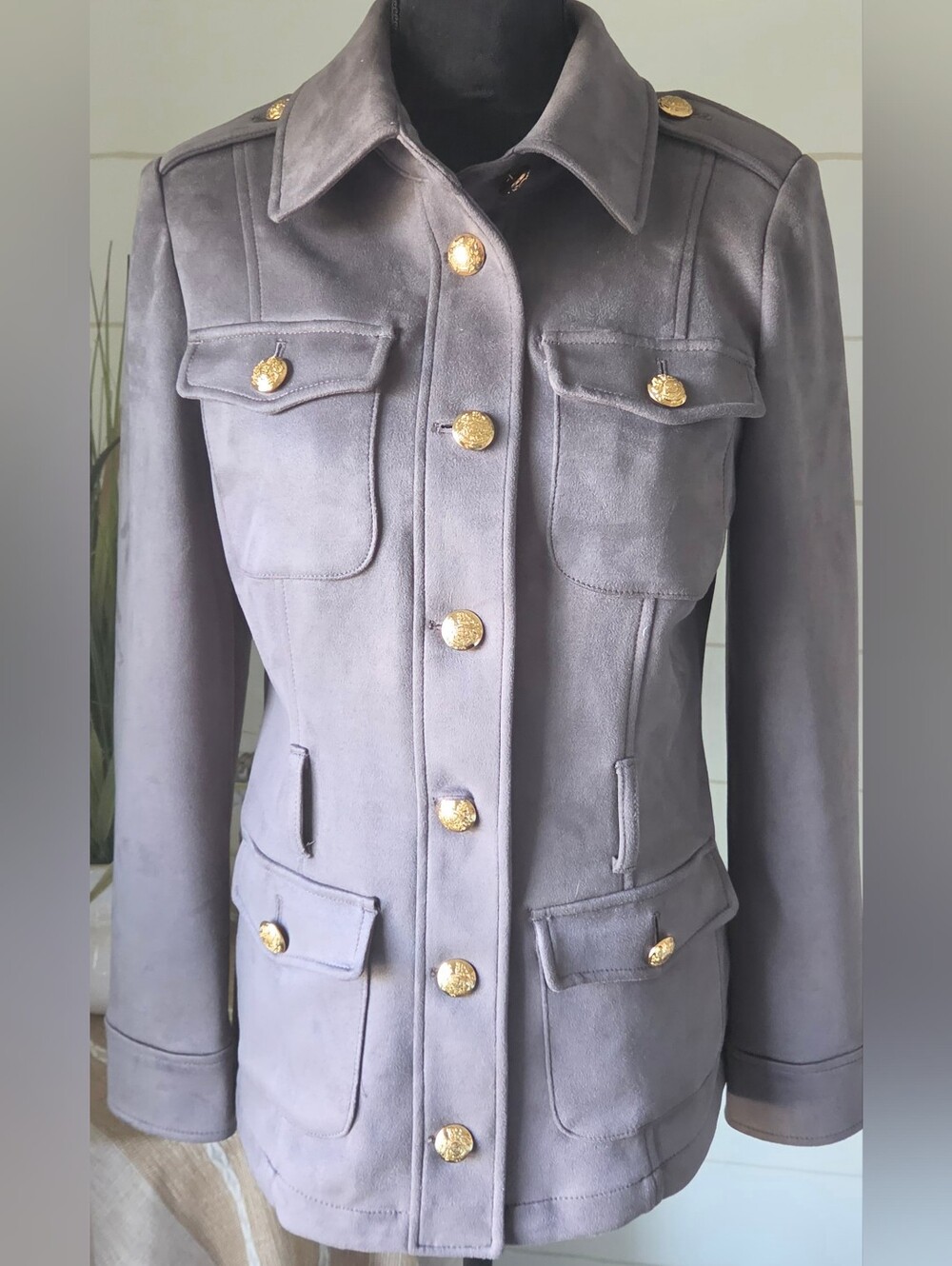 WHBM Grey Faux Suede Safari Military Belted Utility Jacket Gold Buttons L Coat